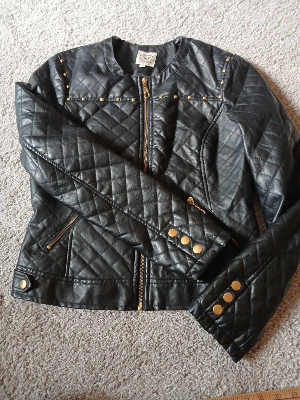 Quilted Black Women's Faux Leather Moto Jacket with Gold Hardware
